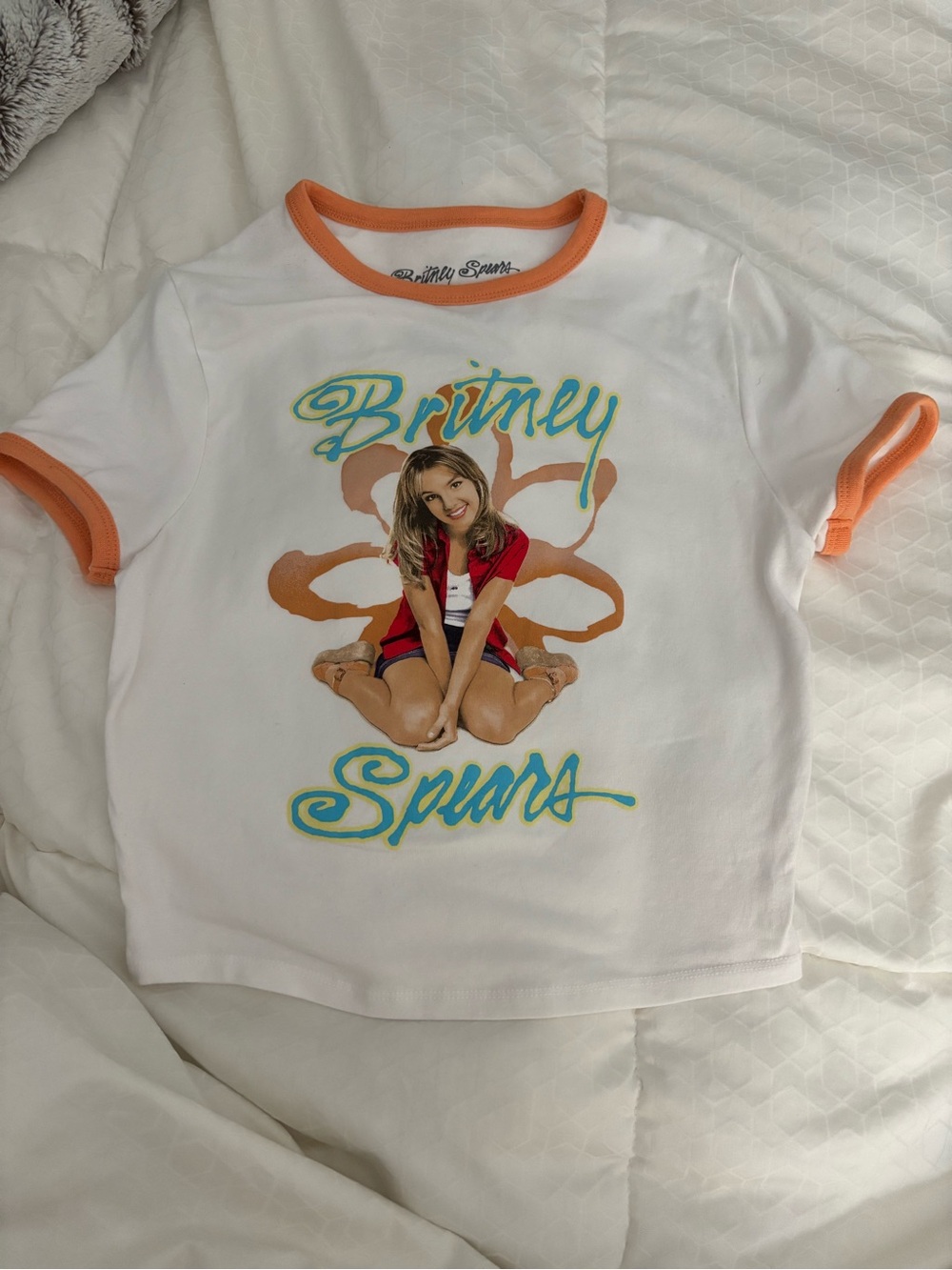 White & Orange Ringer T-Shirt with Britney Spears Graphic